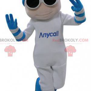 White and blue snowman mascot with glasses and a cap -