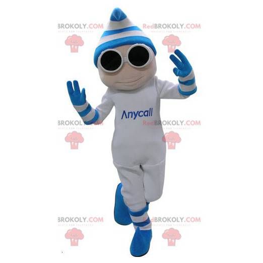 White and blue snowman mascot with glasses and a cap -