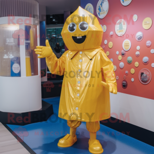 Gold Juggle mascot costume character dressed with a Raincoat and Cummerbunds