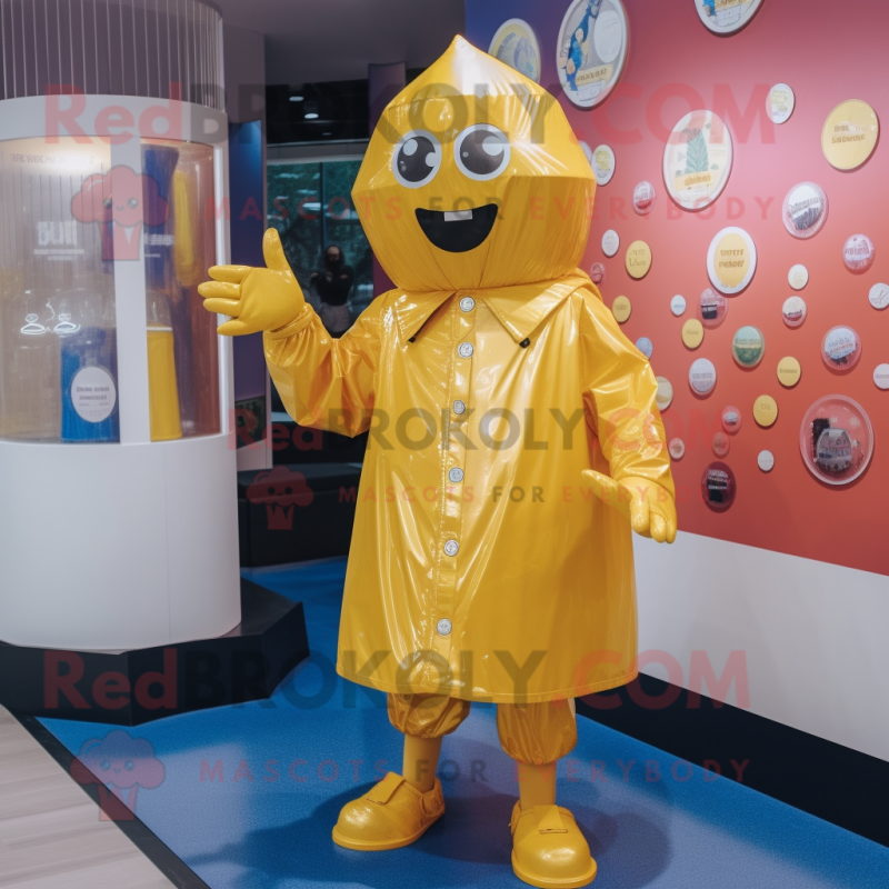 Gold Juggle mascot costume character dressed with a Raincoat and Cummerbunds Gold Juggle mascot costume character dressed with a Raincoat and Cummerbunds