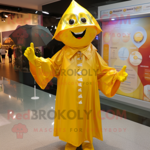 Gold Juggle mascot costume character dressed with a Raincoat and Cummerbunds