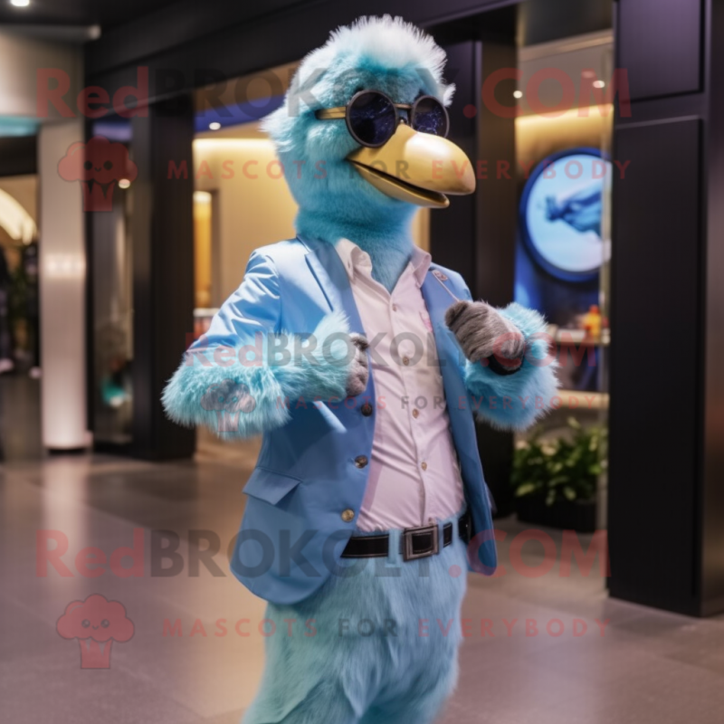 Sky Blue Ostrich mascot costume character dressed with a Jacket and Smartwatches