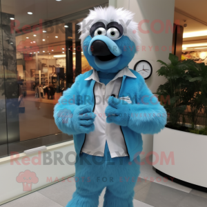 Sky Blue Ostrich mascot costume character dressed with a Jacket and Smartwatches