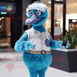 Sky Blue Ostrich mascot costume character dressed with a Jacket and Smartwatches