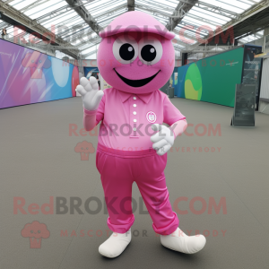 Pink Petanque Ball mascot costume character dressed with a Cargo Pants and Shoe clips