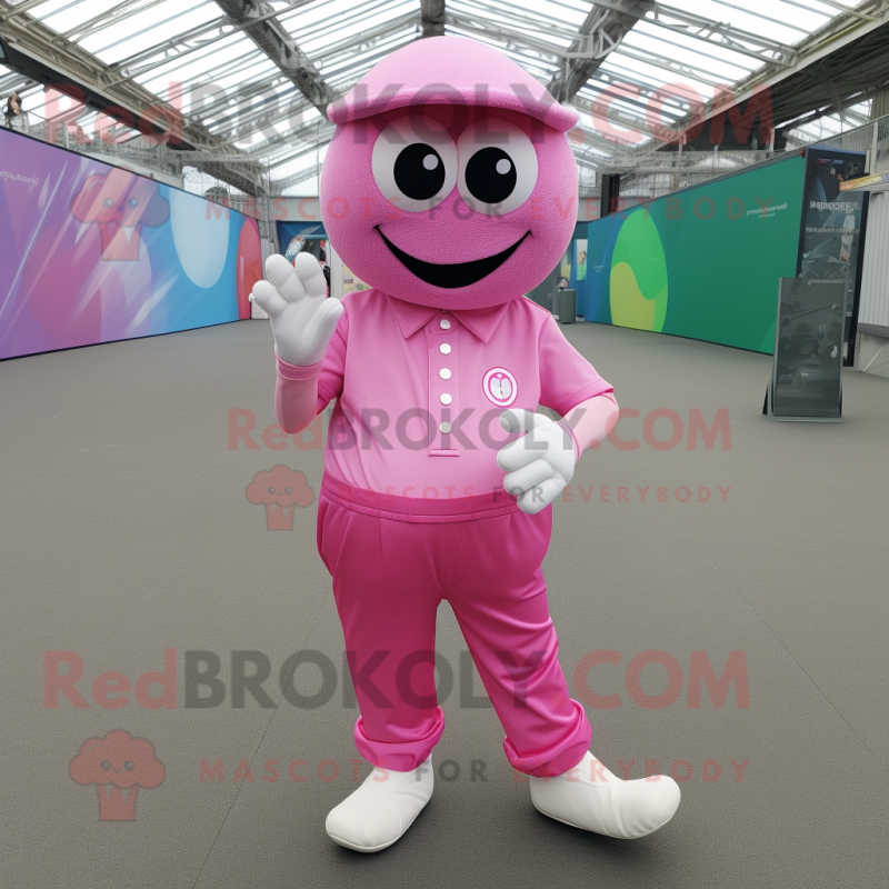 Pink Petanque Ball mascot costume character dressed with a Cargo Pants and Shoe clips