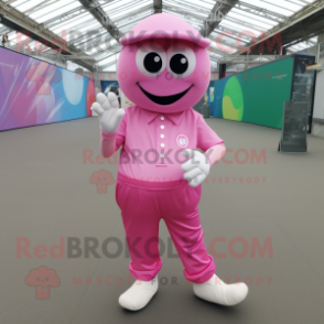 Pink Petanque Ball mascot costume character dressed with a Cargo Pants and Shoe clips