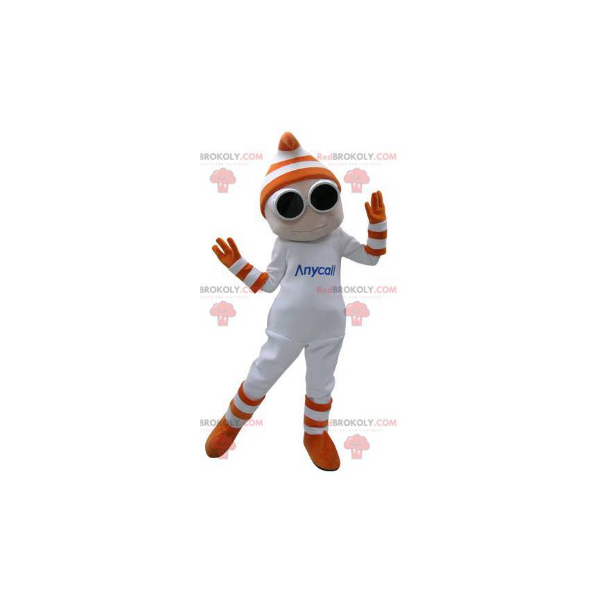 Mascota de muñeco de nieve blanco con gafas y guantes -