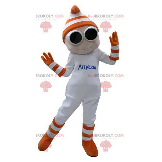 Mascotte de bonhomme blanc avec des lunettes et des gants -