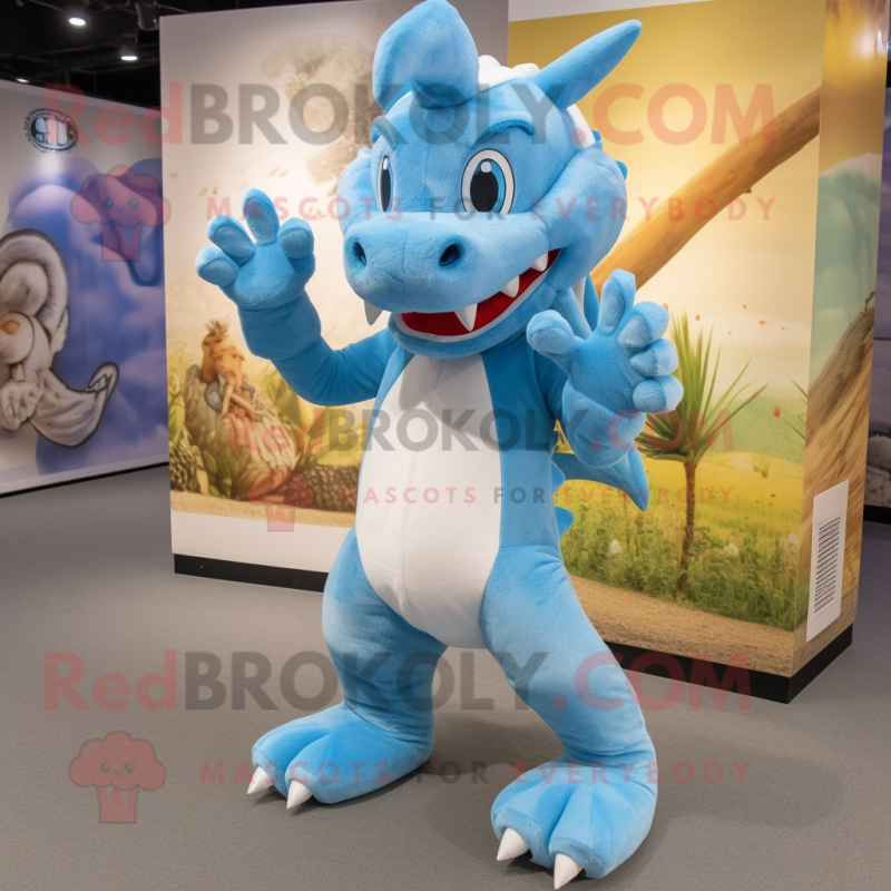 Sky Blue Dragon mascot costume character dressed with a Jeans and Foot pads Sky Blue Dragon mascot costume character dressed with a Jeans and Foot pads