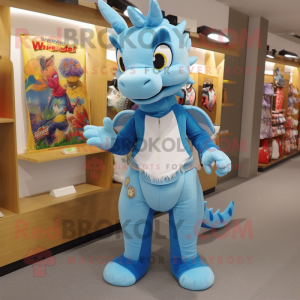 Sky Blue Dragon mascot costume character dressed with a Jeans and Foot pads