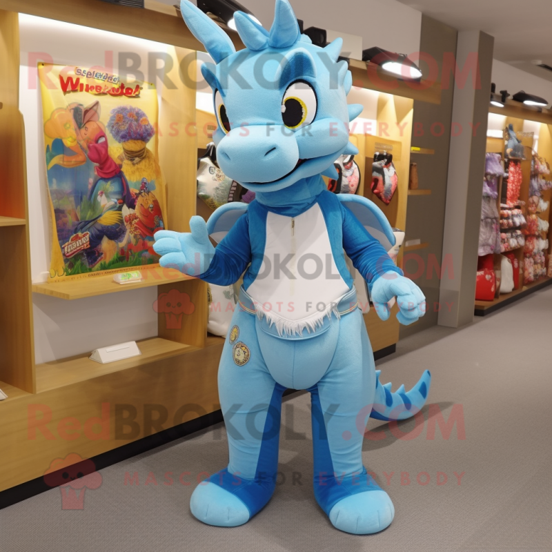 Sky Blue Dragon mascot costume character dressed with a Jeans and Foot pads Sky Blue Dragon mascot costume character dressed with a Jeans and Foot pads
