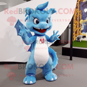 Sky Blue Dragon mascot costume character dressed with a Jeans and Foot pads