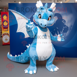 Sky Blue Dragon mascot costume character dressed with a Jeans and Foot pads