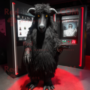 Black Angora Goat mascot costume character dressed with a Cover-up and Rings