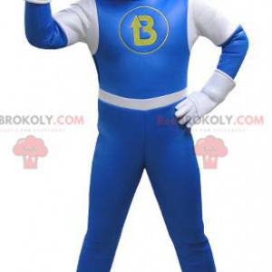 Snowman mascot dressed in a blue and white jumpsuit -