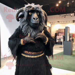 Black Angora Goat mascot costume character dressed with a Cover-up and Rings