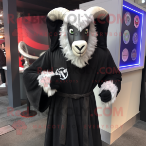 Black Angora Goat mascot costume character dressed with a Cover-up and Rings