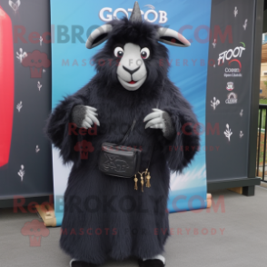 Black Angora Goat mascot costume character dressed with a Cover-up and Rings