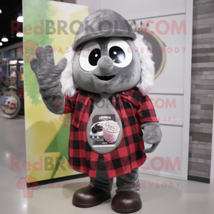 Gray Pepper mascot costume character dressed with a Flannel Shirt and Rings