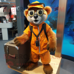 Orange Lemur mascot costume character dressed with a Parka and Briefcases