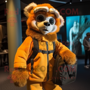 Orange Lemur mascot costume character dressed with a Parka and Briefcases