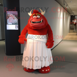 Red Ogre mascot costume character dressed with a Wedding Dress and Headbands