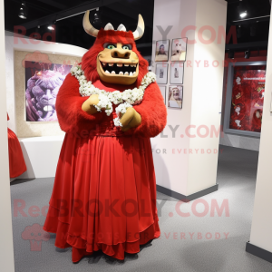 Red Ogre mascot costume character dressed with a Wedding Dress and Headbands