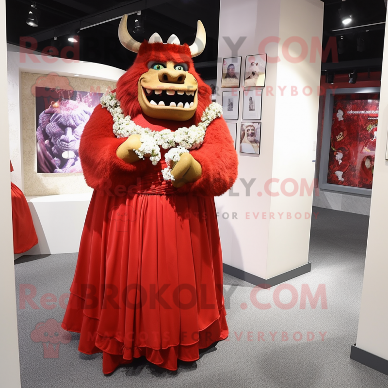 Red Ogre mascot costume character dressed with a Wedding Dress and Headbands Red Ogre mascot costume character dressed with a Wedding Dress and Headbands