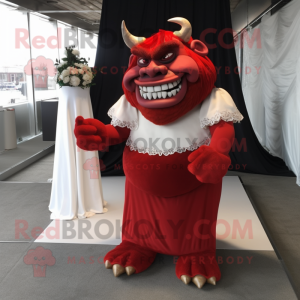 Red Ogre mascot costume character dressed with a Wedding Dress and Headbands