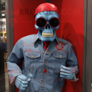 Red Skull mascot costume character dressed with a Denim Shirt and Sunglasses