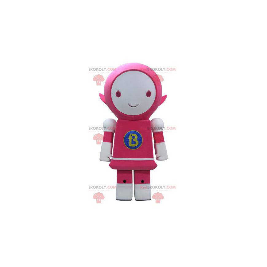 Rosa och vit robotmaskot som ler - Redbrokoly.com
