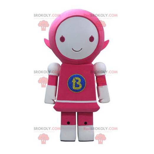 Růžový a bílý robot maskot s úsměvem - Redbrokoly.com