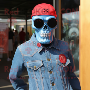 Red Skull mascot costume character dressed with a Denim Shirt and Sunglasses