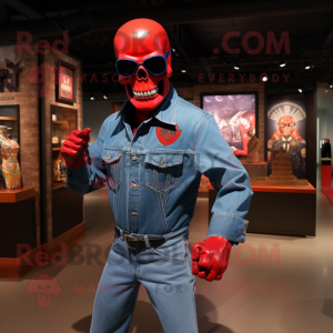 Red Skull mascot costume character dressed with a Denim Shirt and Sunglasses