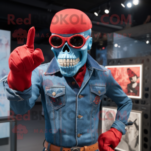 Red Skull mascot costume character dressed with a Denim Shirt and Sunglasses
