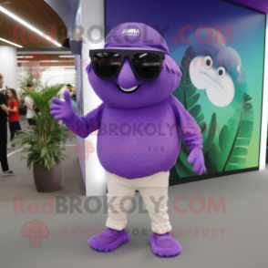 Purple Kiwi mascot costume character dressed with a Mom Jeans and Sunglasses