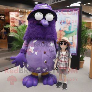 Purple Kiwi mascot costume character dressed with a Mom Jeans and Sunglasses