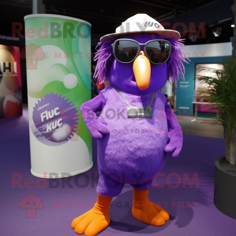 Purple Kiwi mascot costume character dressed with a Mom Jeans and Sunglasses