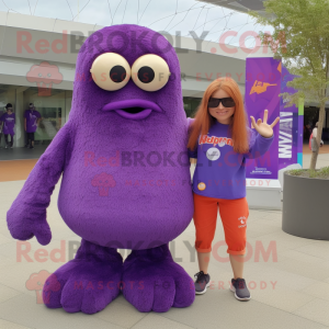 Purple Kiwi mascot costume character dressed with a Mom Jeans and Sunglasses