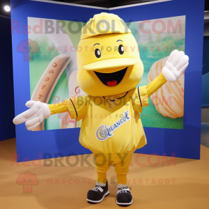 Lemon Yellow Croissant mascot costume character dressed with a Baseball Tee and Hat pins