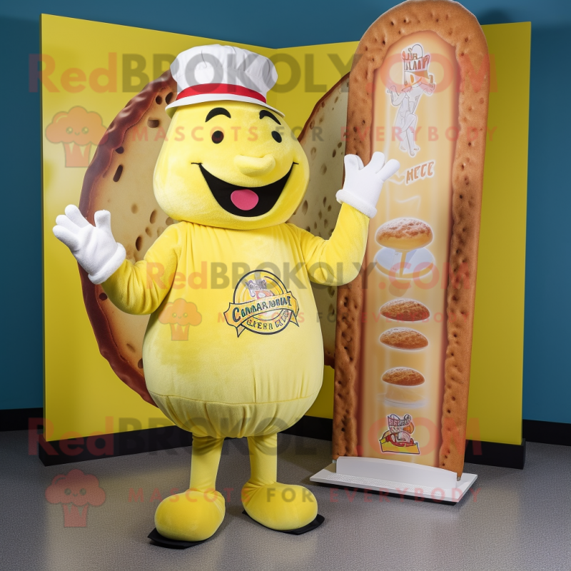 Lemon Yellow Croissant mascot costume character dressed with a Baseball Tee and Hat pins