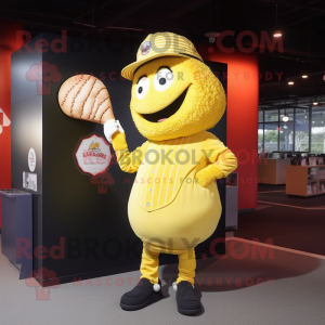 Lemon Yellow Croissant mascot costume character dressed with a Baseball Tee and Hat pins