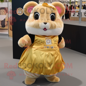 Gold Hamster mascot costume character dressed with a Wrap Skirt and Suspenders
