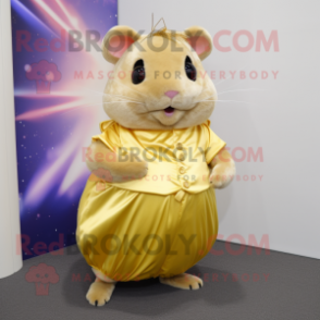 Gold Hamster mascot costume character dressed with a Wrap Skirt and Suspenders