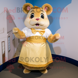 Gold Hamster mascot costume character dressed with a Wrap Skirt and Suspenders