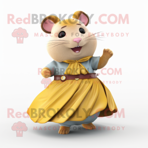 Gold Hamster mascot costume character dressed with a Wrap Skirt and Suspenders