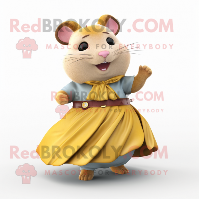 Gold Hamster mascot costume character dressed with a Wrap Skirt and Suspenders Gold Hamster mascot costume character dressed with a Wrap Skirt and Suspenders
