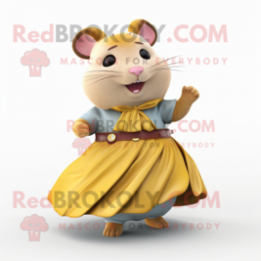 Gold Hamster mascot costume character dressed with a Wrap Skirt and Suspenders