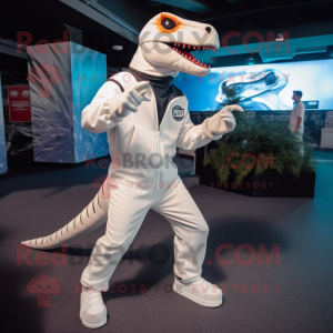 White Tyrannosaurus mascot costume character dressed with a Jumpsuit and Caps